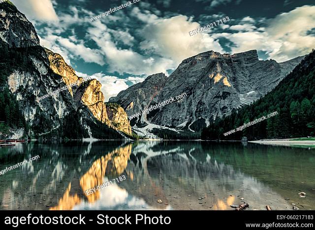 Braies lake , the largest natural Dolomite lake, Italy