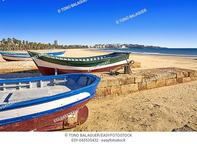 Salou beach Llevant boats Levante platja in Tarragona of Catalonia