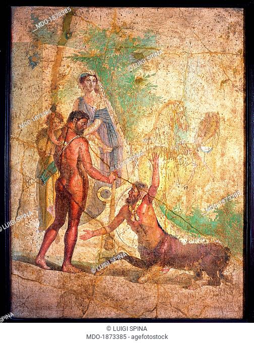 Heracles and Nessus, by unknown artist, 30-45, 1st Century A.D., ripped fresco, 152 x 124 cm. Italy, Campania, Naples, National Archaeological Museum, Room LXX