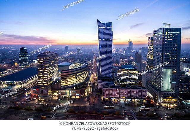 Warsaw, Poland. View with Central Railway Station, Golden Terraces shopping mall, Zlota 44 skyscraper and InterContinental