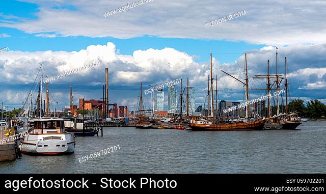Helsinki, Finland: 4 August, 2021: many old sailboats moored in the harbor of Helsinki in southern Finland