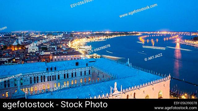 San Marco square from the San Marco Cathedral in Venice, Italy at night. Beautiful view