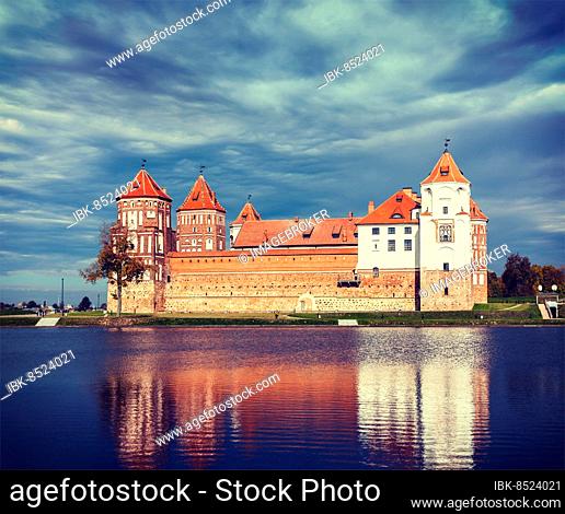 Vintage retro effect filtered hipster style travel image of medieval Mir castle famous landmark in town Mir, Belarus, Europe