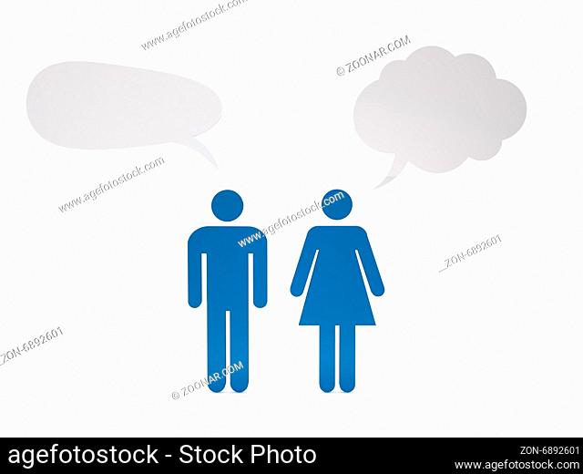 Adult male and female speaking, talking, discussing something with white blank empty speech bubbles, isolated on white background