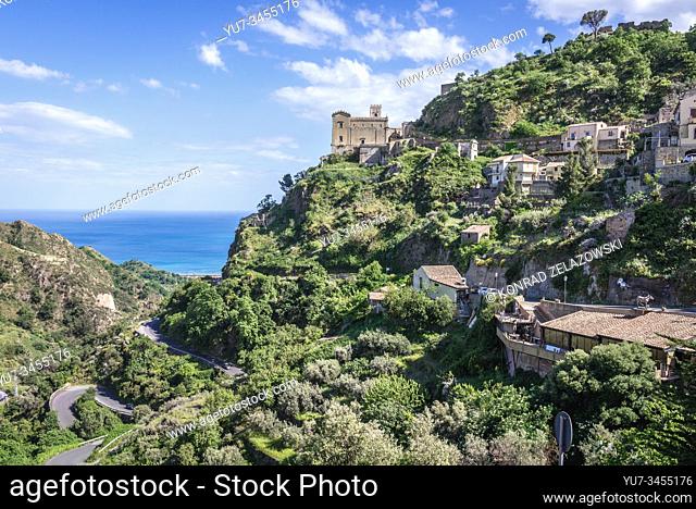 Savoca village, famous for filming locations of The Godfather movies on Sicily in Italy - view with Church of San Nicolo also known as Church of San Lucia