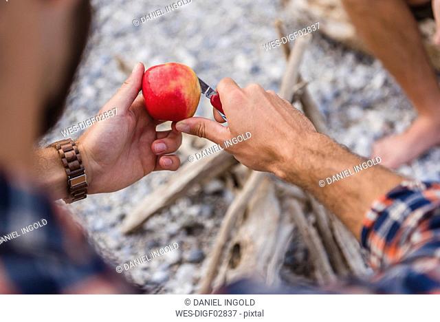 Man's hand cutting apple at camp fire