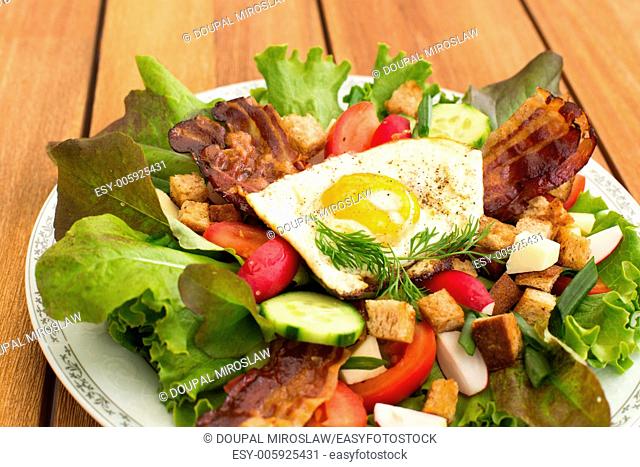 Fresh peasant salad also called country salad, greek salad or village salad. Composed with lettuce, cucumber, onion, radish, fried egg and bacon, cheese