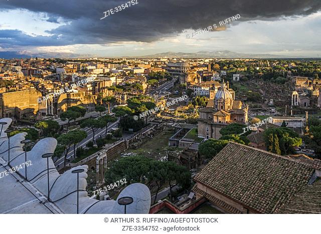 Rome during the sunset hours. Panorama from the viewing terrace of the Victor Emmanuel II Monument (Monumento Nazionale a Vittorio Emanuele II)
