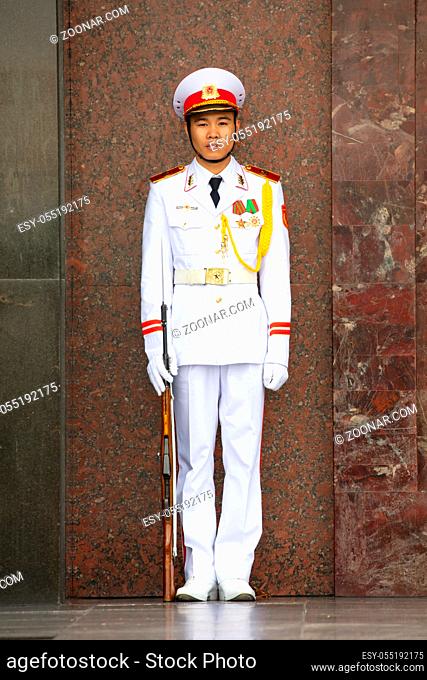 HANOI, VIETNAM - SEPTEMBER 19, 2018: Honor guard at the Ho Chi Minh Mausoleum on the Ba Dinh Square in Hanoi, Vietnam