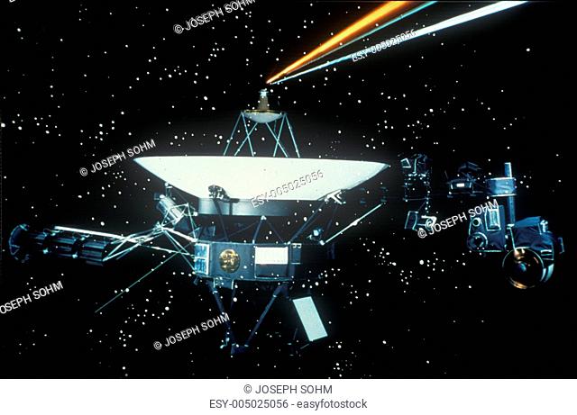 Space special effects composite with satellite, stars and laser light
