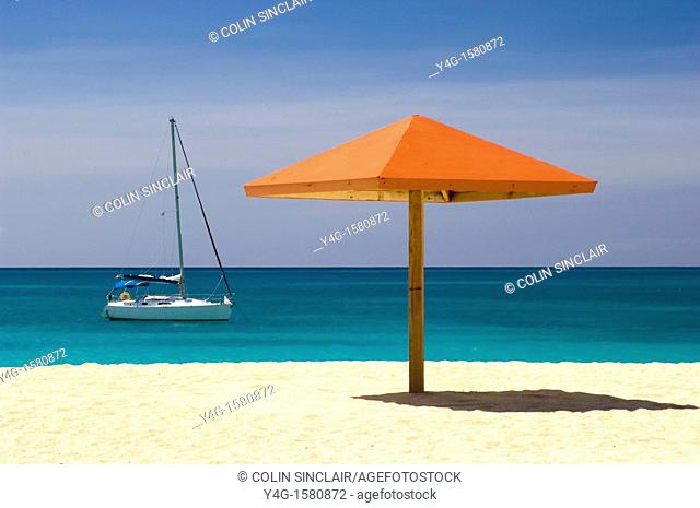 Antigua, Turner Beach, Sail boat and parasol