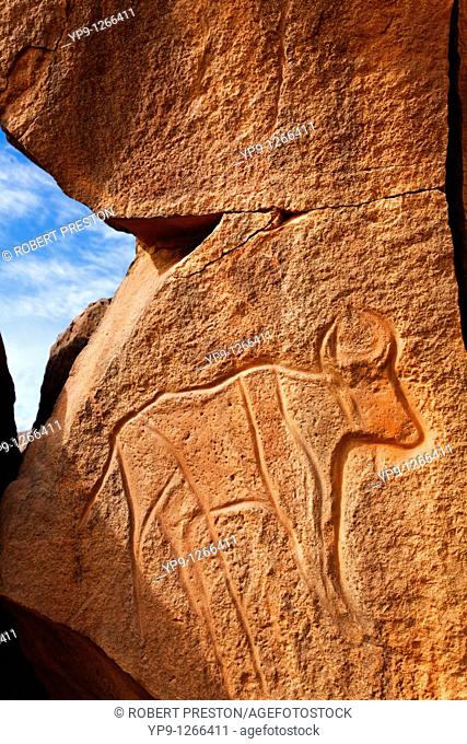 Ancient engraving of a buffalo at the Wadi Matkhandouch, Libya