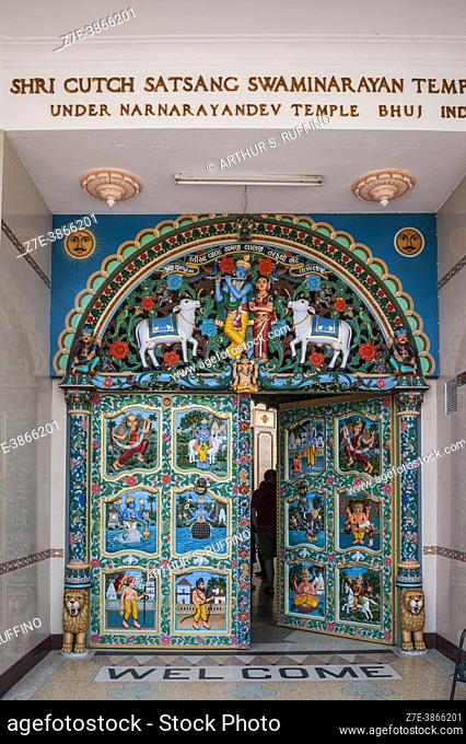 Hindu temple door. Shri (Shree) Cutch Satsang Swaminarayan Temple. Haile Selassie Ave, Mombasa, Kenya, Africa