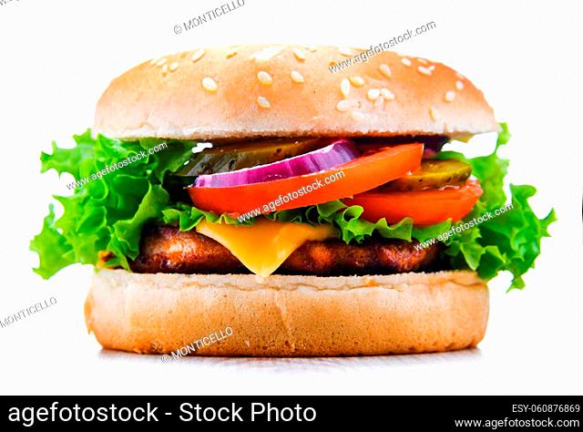 Hamburger with cheese and fresh vegetables isolated on white