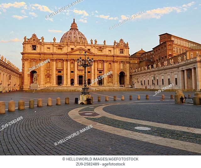 Facade of St Peter's Basilica at sunrise, Rome, Lazio, Italy, Europe