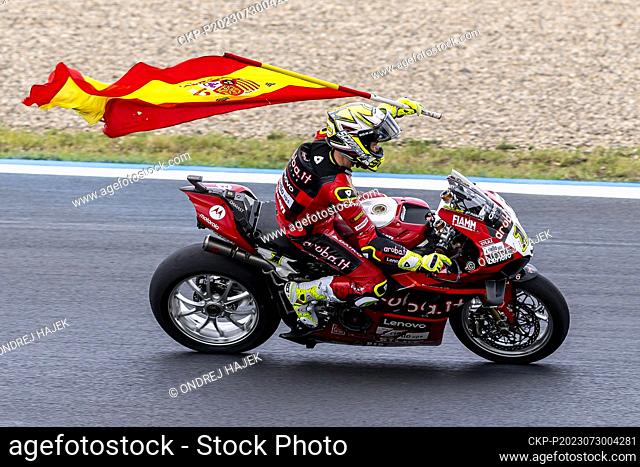 Alvaro Bautista from Spain celebrates victory in Race 2 with Spanish flag during the 2023 Superbike World Championship, on July 30, 2023, in Most