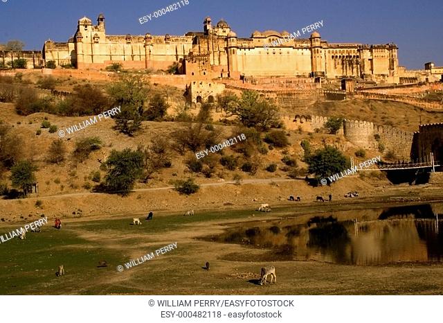 Amber Fort Jaipur, India, Early in the morning, Blue Sky Reflection