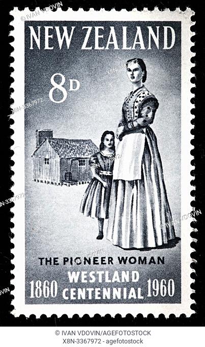 Pioneer woman, Westland centenary, postage stamp, New Zealand, 1960