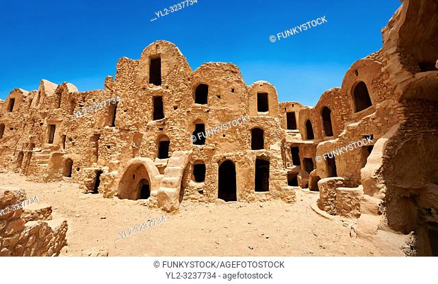 The traditional north Sahara fortified Berber Ksar El Mguebl and its adobe mud ghorfas graneries, near Tataouine, Tunisia