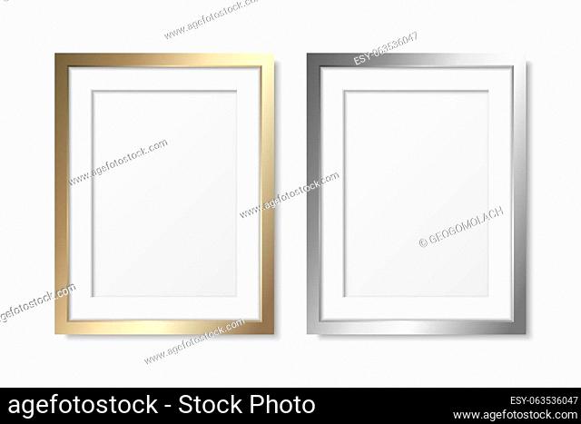 Vector 3d Realistic Gray and Yellow Metal, Silver and Golden Color Decorative Vintage Frame Set, Border Icon Closeup Isolated