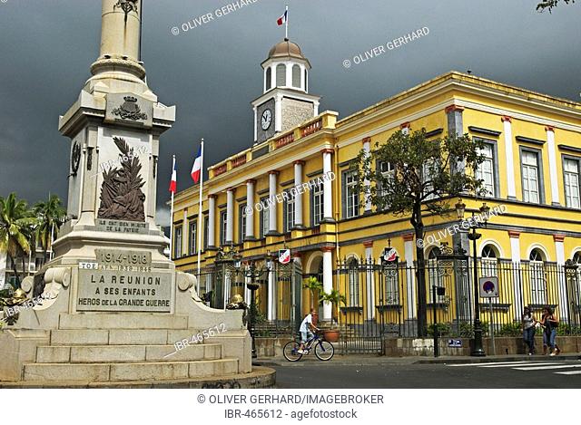 City hall and monument for soldiers killed in action in the capital St. Denis, La Reunion Island, France, Africa