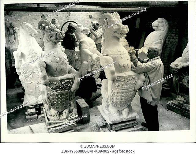 Aug. 08, 1956 - Replicas of the Queen's Beasts in the Portland stone, are expected to be erected at the end of this month on the terrace of the Palm House at...
