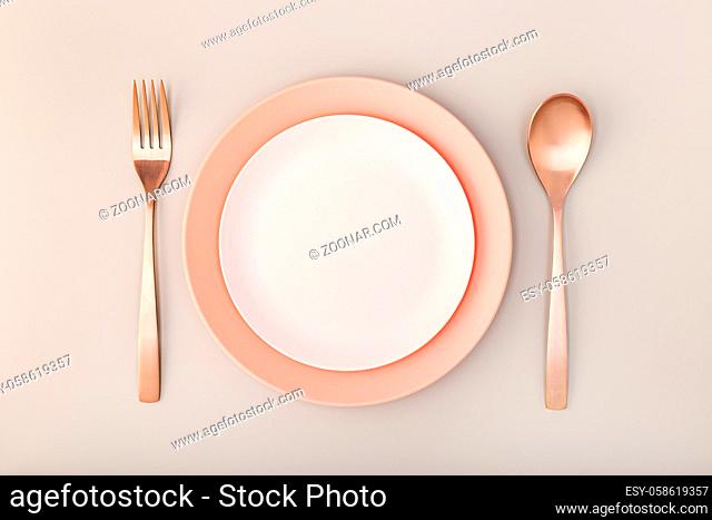 Empty Plate, fork and knife on Table. Pink Pastel tones. Mock up