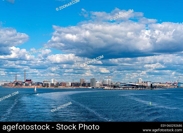 Helsinki, Finland: 5 August, 2021: view of the skyline of downtown Helsinki and the ferry harbor