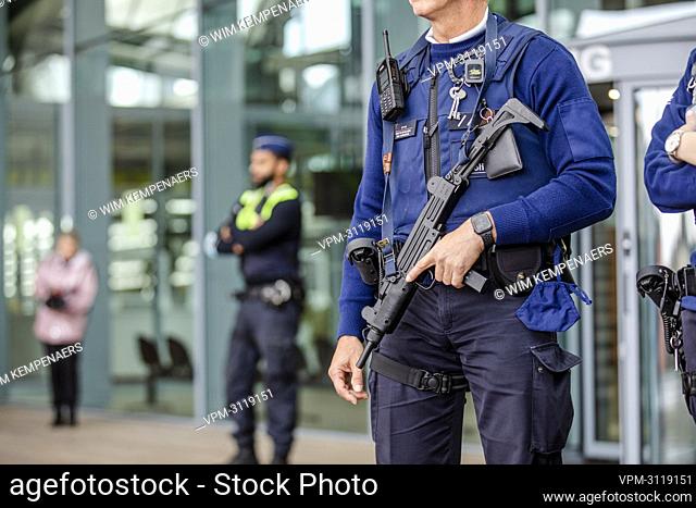 Illustration picture shows heavily armed police outside the Justice Palace during the composition of the jury for the trial of Hicham Chaib