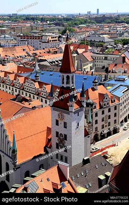 View from the tower of the old Peter on the old town Hall and into the valley, Marienplatz, Munich, Upper Bavaria, Bavaria, Germany