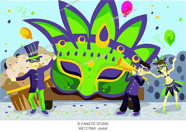Illustration of Mardi Gras parade with people dancing and playing music