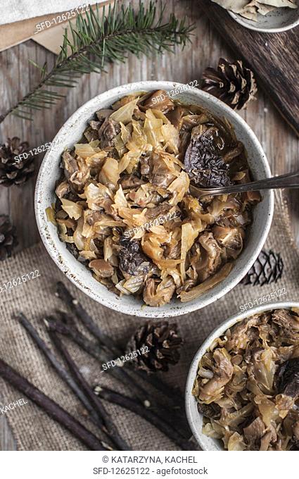 Vegan bigos (traditional Polish dish) made with sauerkraut, cabbage and wild mushrooms