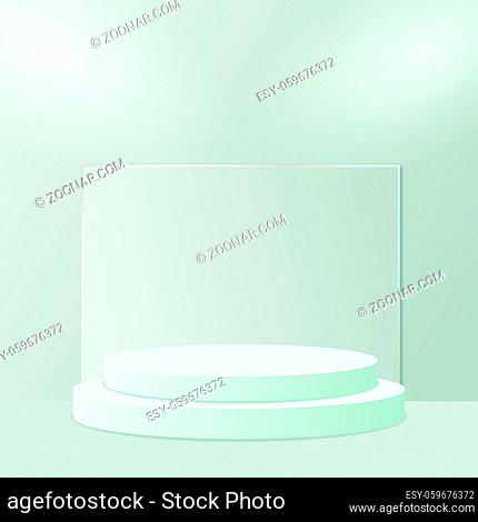 Green background studio, with a round podium - Vector illustration