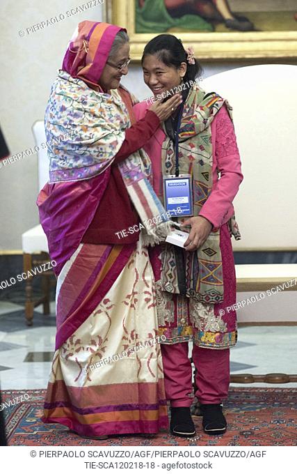 Sheikh Hasina Premier of Bangladesh , Nidra Marak collaborator of the Premier, Vatican City, ITALY-12-02-2018  Journalistic use only