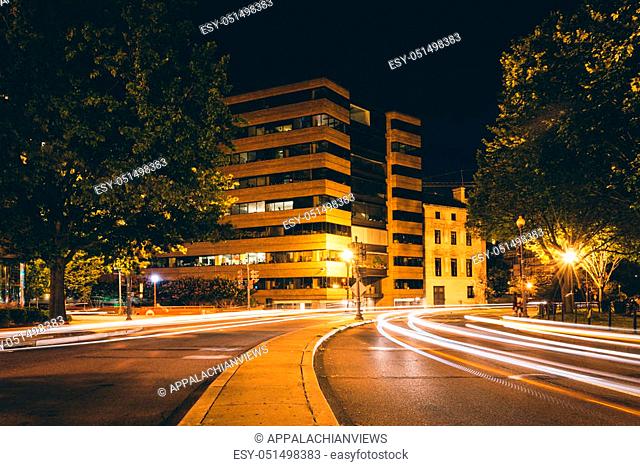 Long exposure of traffic at Dupont Circle at night, in Washington, DC