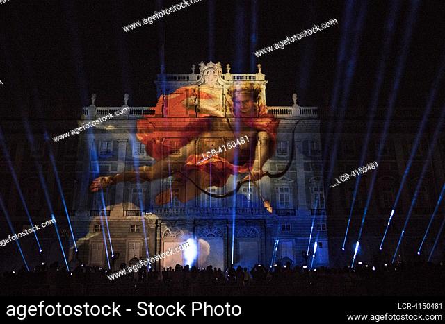 VIDEOMAPPING AT GALLERY OF THE ROYAL COLLECTIONS ON THE MAIN FACADE OF THE SQUARE OF WEAPONS IN THE ROYAL PALACE OF MADRID SPAIN