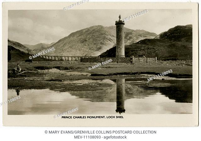 The Prince Charles Monument, Loch Shiel and view toward the Railway Viaduct, Lochaber, Highlands, Scotland