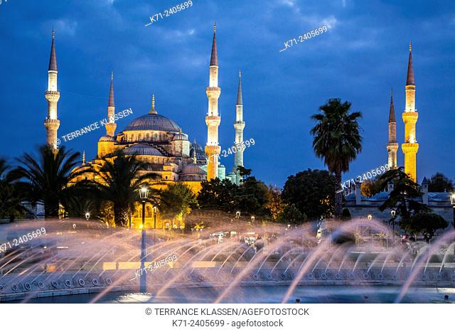 Decorative colored water fountains and the Blue Mosque in Sultanahmet, Istanbul, Turkey, Eurasia