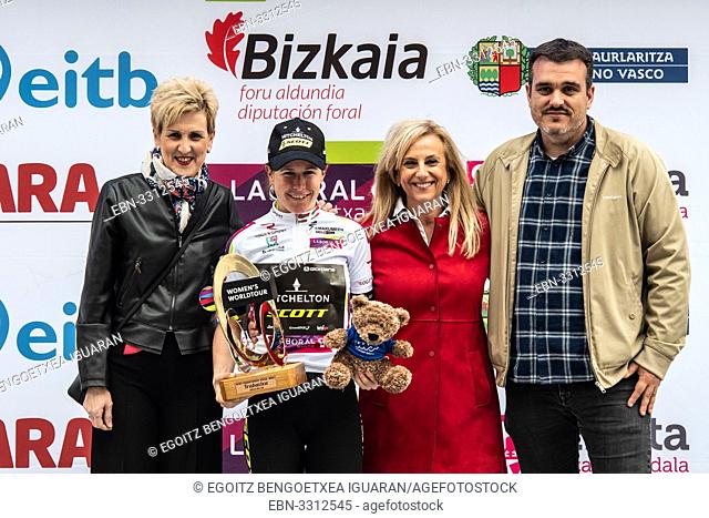 Amanda Spratt, leader of the tour, at the podium of the 2nd stage of UCI women cycling race Emakumeen Bira, at the Basque Country