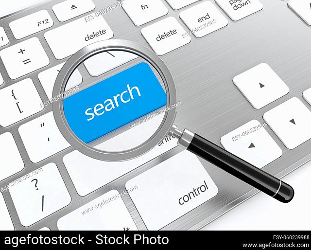 3D illustration of keyboard with blue search button and magnifying glass
