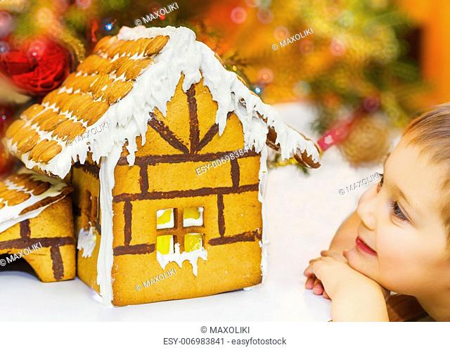 Little cute boy looking on the christmas gingerbread house decoration. Hand decorated