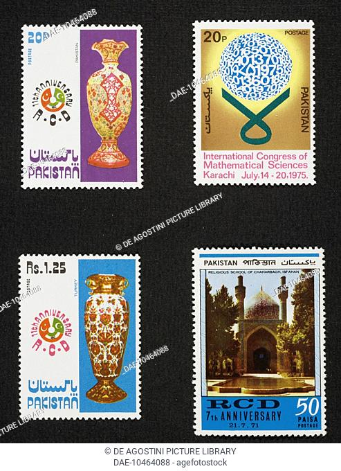 Left: postage stamps from the Ceramics series, 1975, Pakistani vase and Turkish pot; top right: postage stamp honouring the International Congress of...