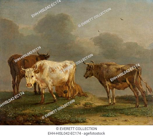 Four Cows in a Meadow, by Paulus Potter, 1651, Dutch painting, oil on panel. Four cows stand out against a cloudy grey sky