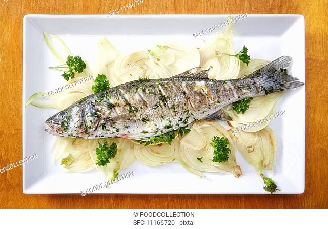 Baked bass with parsley and lemon on a bed of fennel