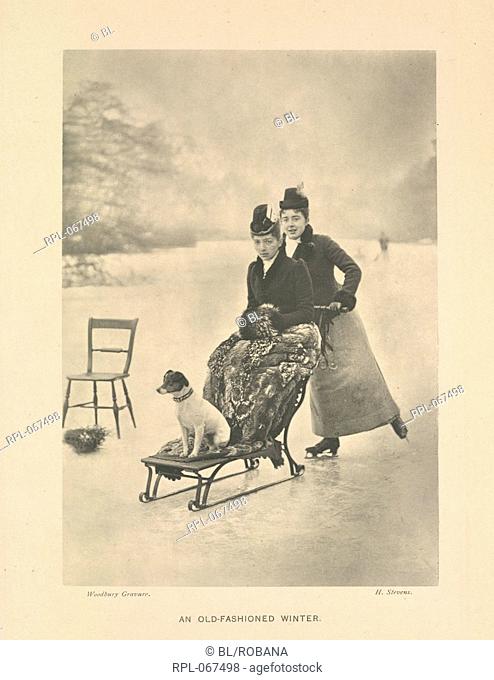 An old-fashioned winter, Two women on an iced over pond or lake, wearing ice-skates pushing a sled on which a dog is sitting