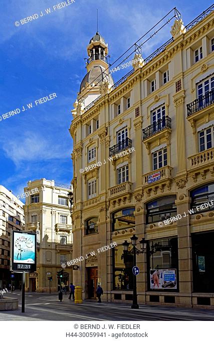 Spain, Valencia, Castellon de la Plana, Calle Ruiz Zorrilla, bank, street scene, architecture, building, shops, historically, lanterns, place of interest