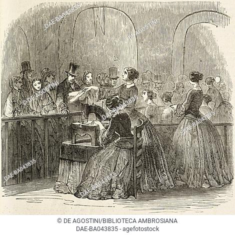 The sewing machine, Paris Universal Exhibition, France, illustration from L'Illustration, Journal Universel, No 662, Volume XXVI, November 3, 1855