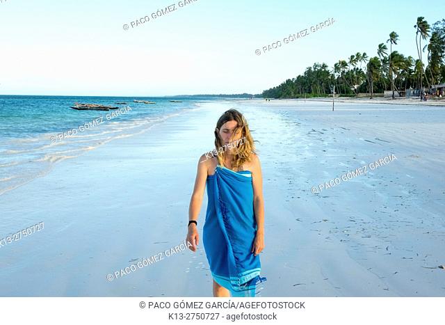 Woman in Matemwe beach. Zanzibar island. Africa