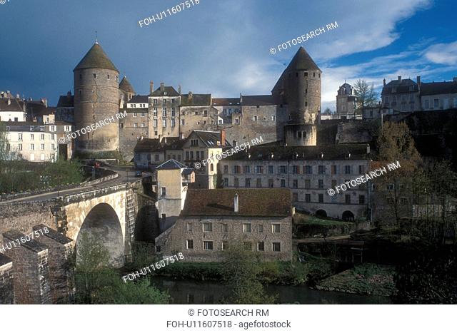 Burgundy, France, Semur-en-Auxois, Europe, A scenic view of the fortified town of Semur-en-Auxois on the riverbank of Armancon River in Burgundy, France
