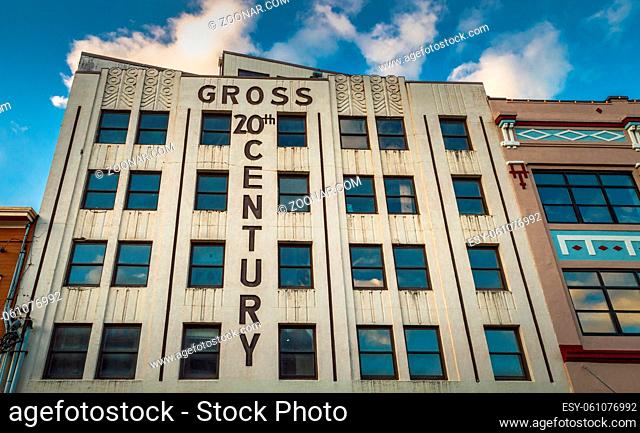 Juneau, Alaska, - September 14, 2018: Completed in 1940 the Gross 20th Century Building is a historic structure in the Art Deco style on Front Street in the...